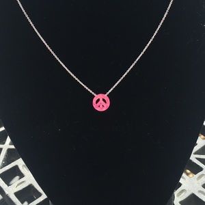 Pink Peace Sign Pendant Necklace - 14K Gold Chain -